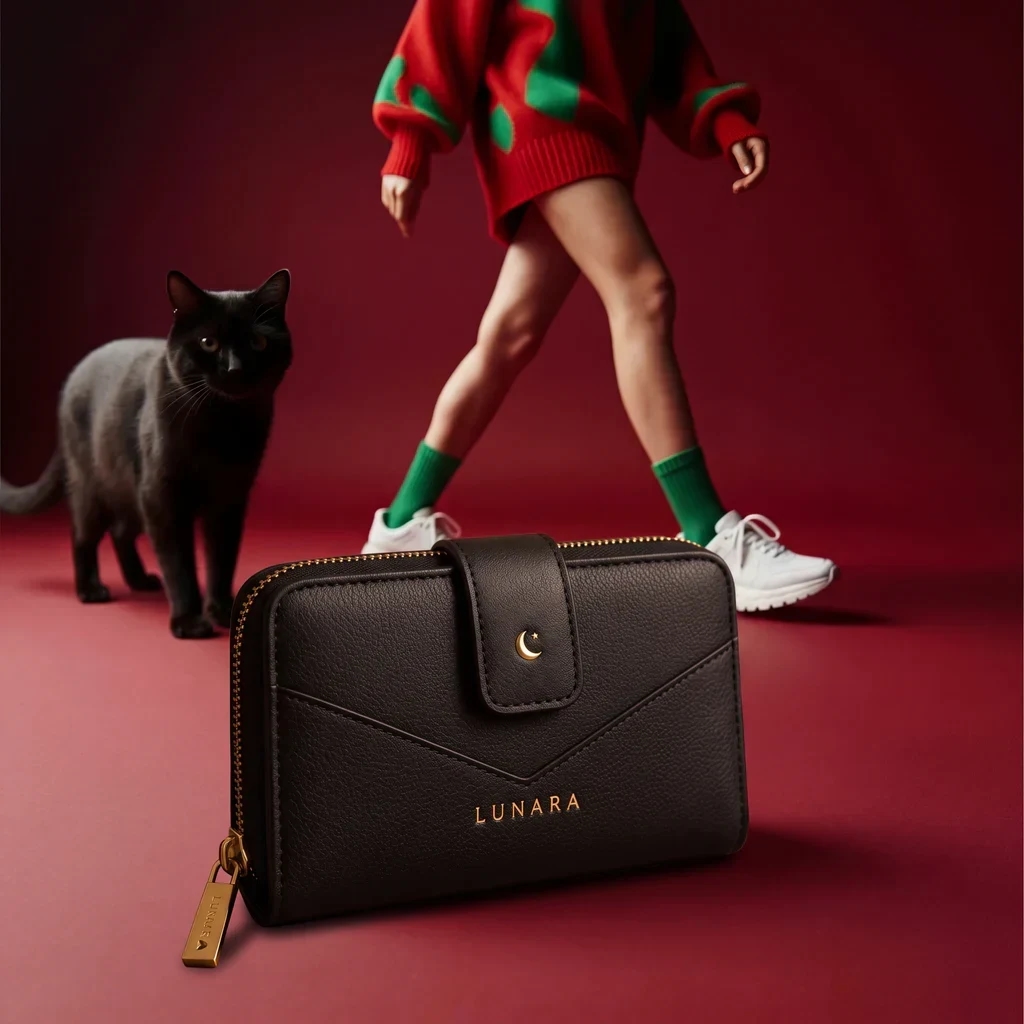Red fashion scene with a black cat and a walking model, without and with a LUNARA handbag: With product