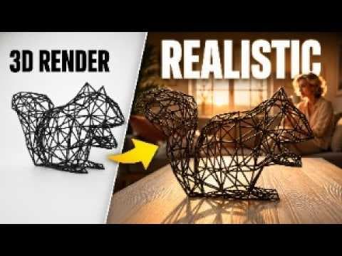 Video thumbnail comparing a wireframe squirrel 3D render with its placement in a warm sunset scene
