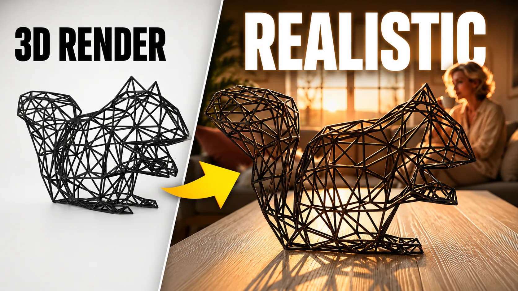 Video thumbnail comparing a wireframe squirrel 3D render with its placement in a warm sunset scene