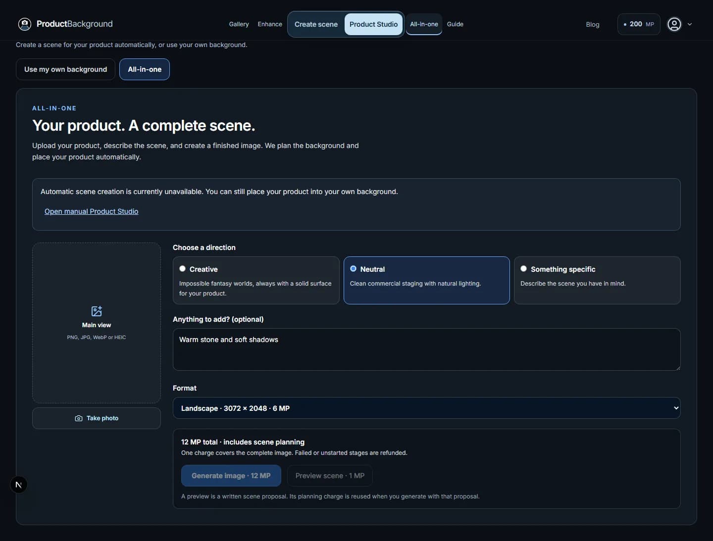 Local All-in-one interface showing the product upload, scene directions, description, format and price controls