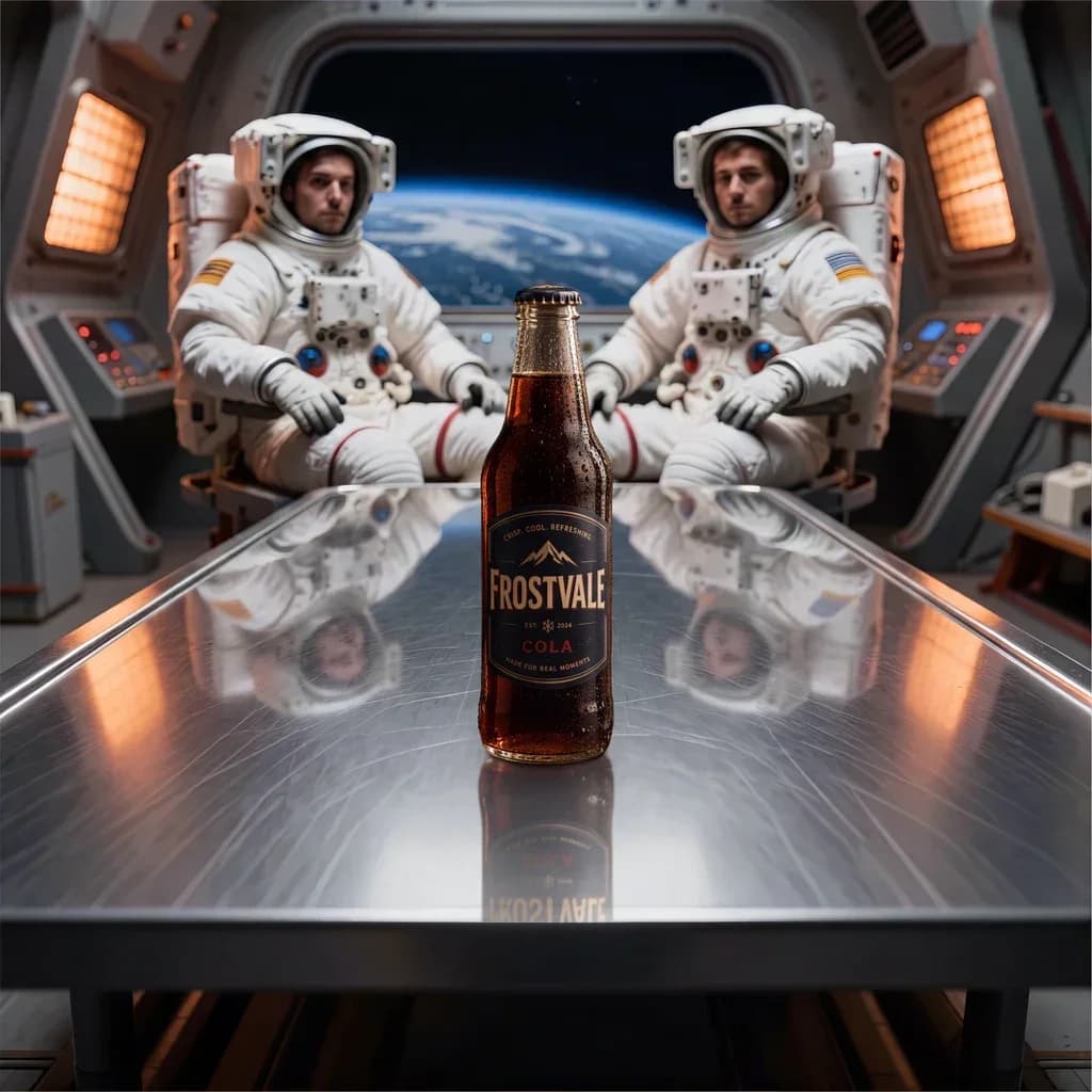 Frostvale Cola on a reflective table inside a spacecraft with two astronauts and Earth behind them