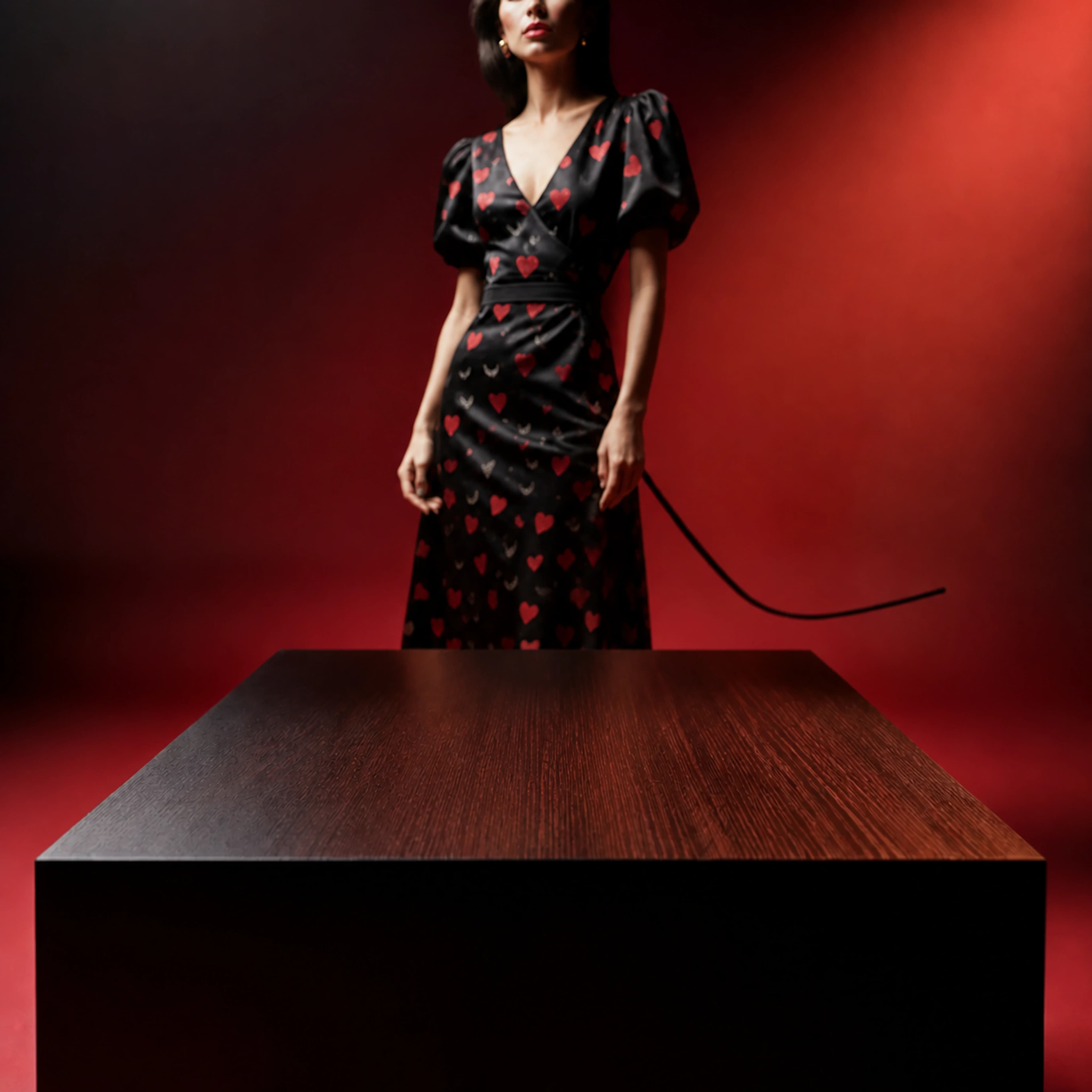 Red editorial scene with an empty black table before product placement