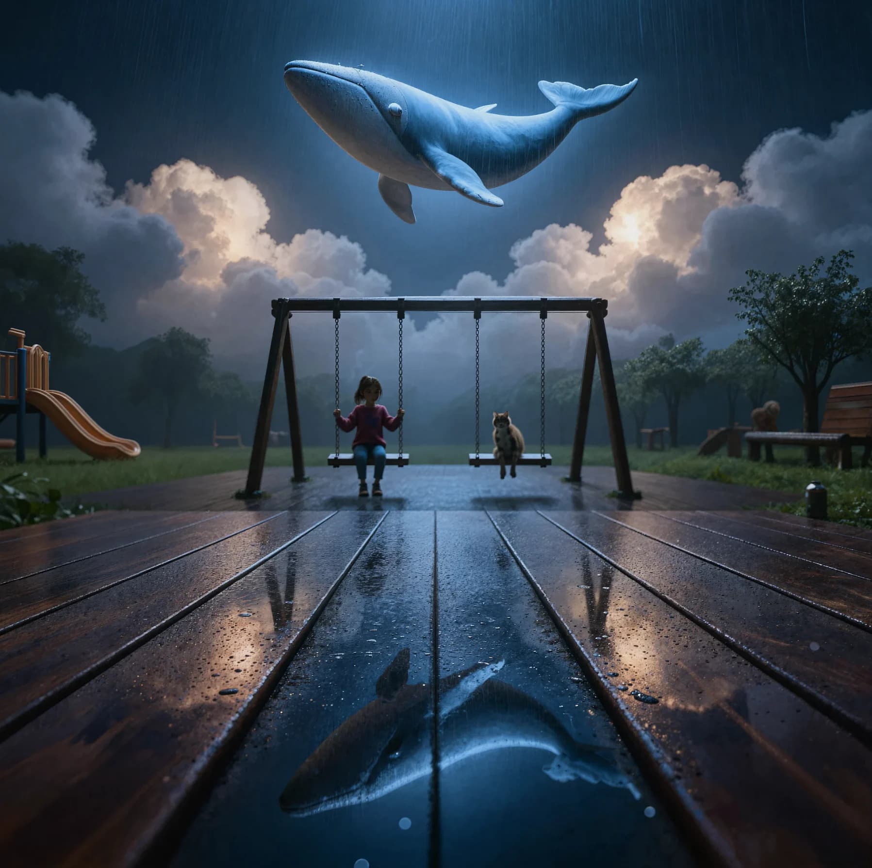 Surreal ProductBackground scene of a whale above a rainy playground with a reflective wooden foreground