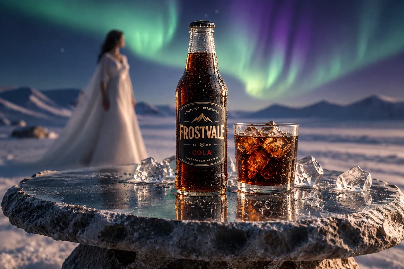 Frostvale Cola bottle and glass on an icy stone table beneath northern lights
