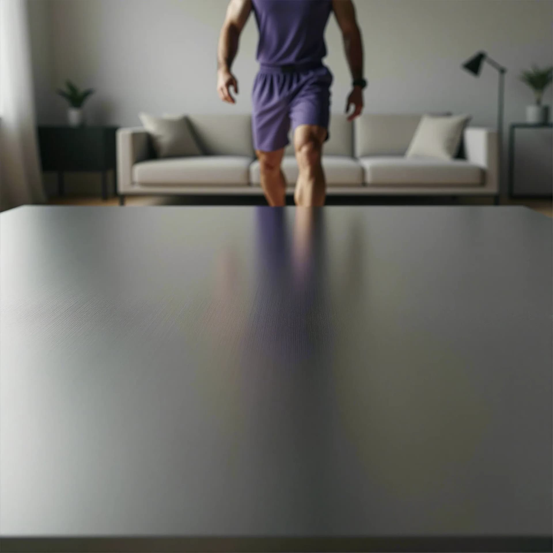 ProductBackground active living room backplate with a brushed steel product surface