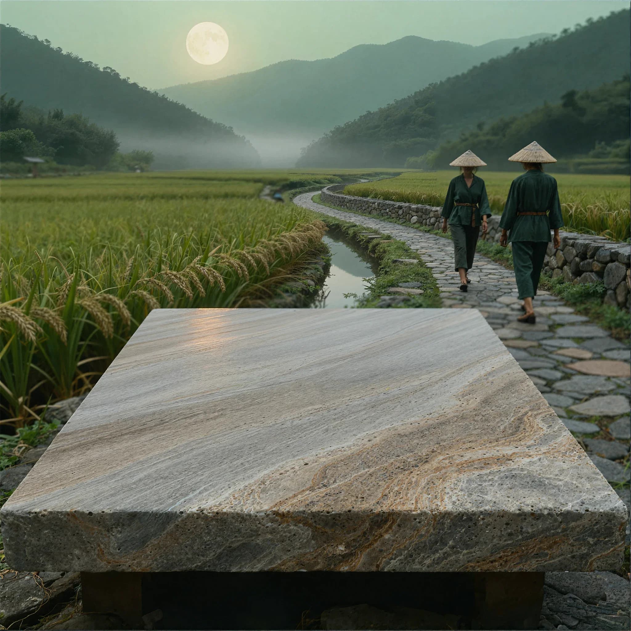 Moonlit rice-field landscape with travelers, atmospheric depth, and open space for a website message