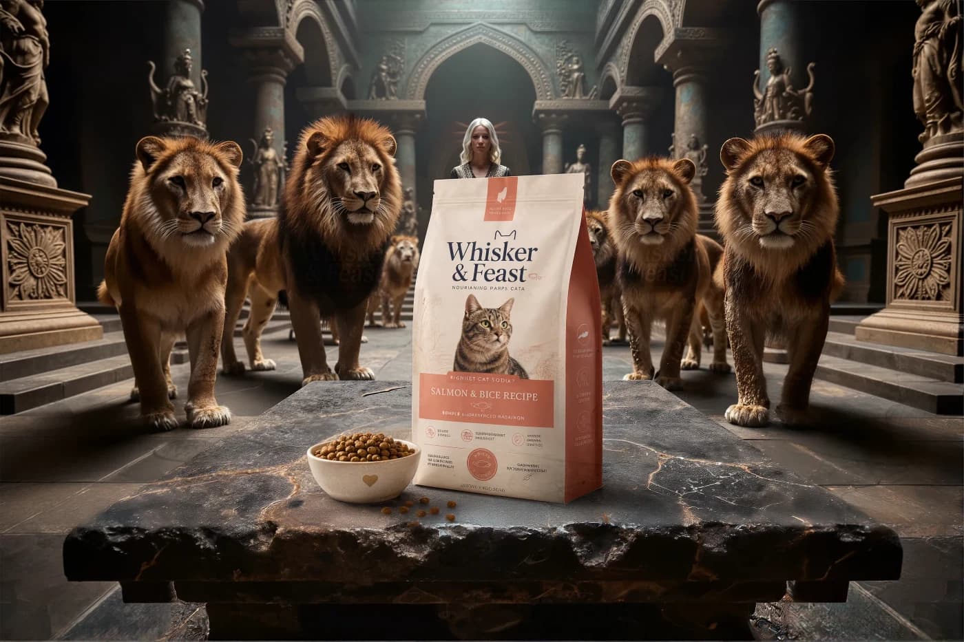 The Whisker & Feast product composition extended horizontally, showing more of the lions and ornate hall