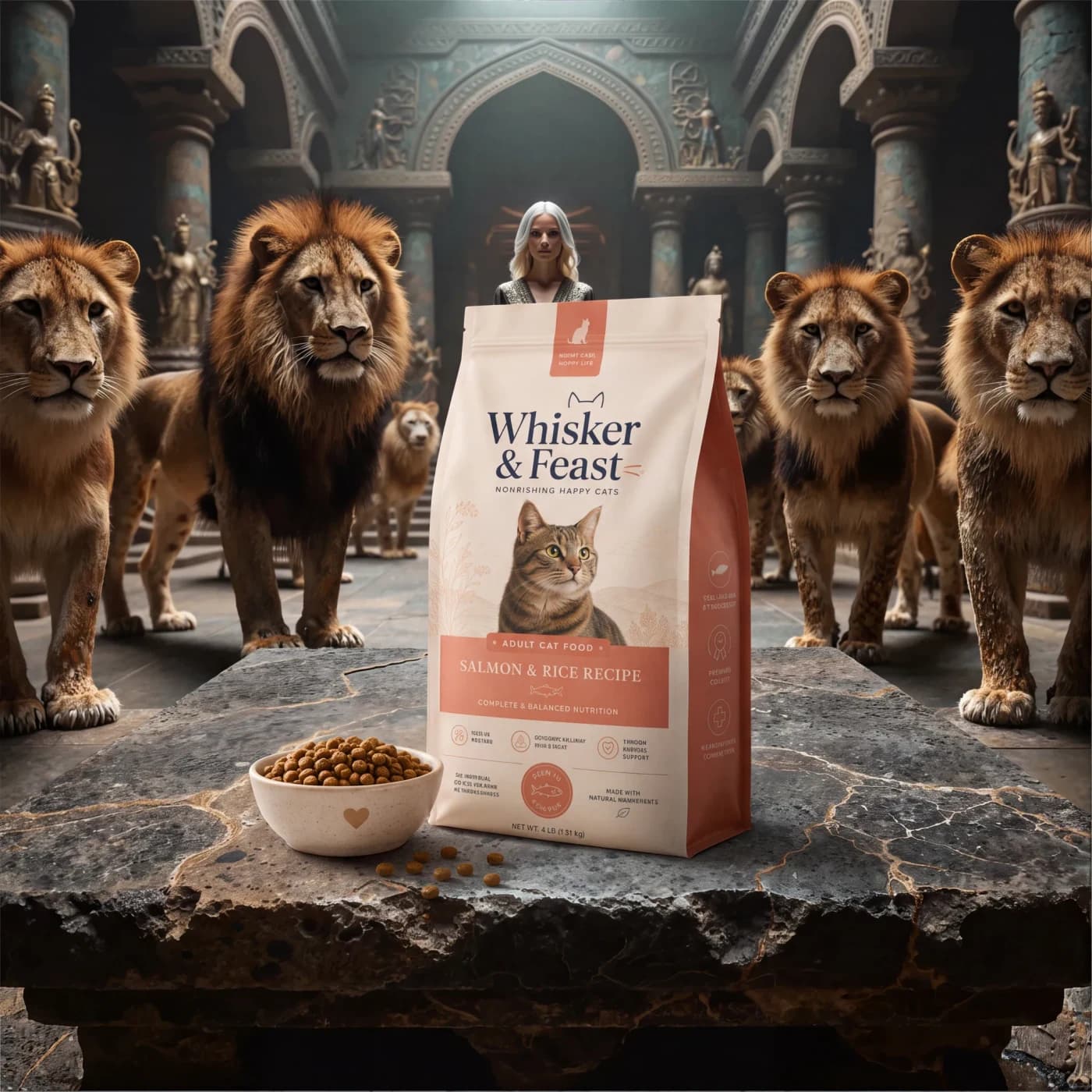Square composition of Whisker & Feast cat food and a bowl on a stone slab, with lions and a woman in an ornate hall