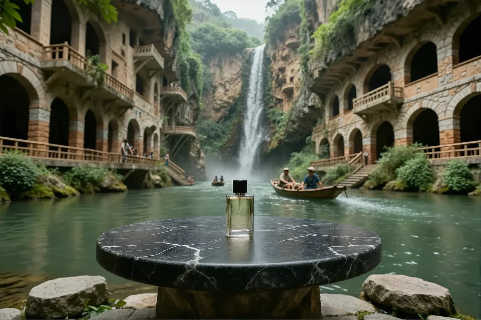 Perfume on a black marble table beside a canyon river and waterfall, from a published horizontal outpainting result