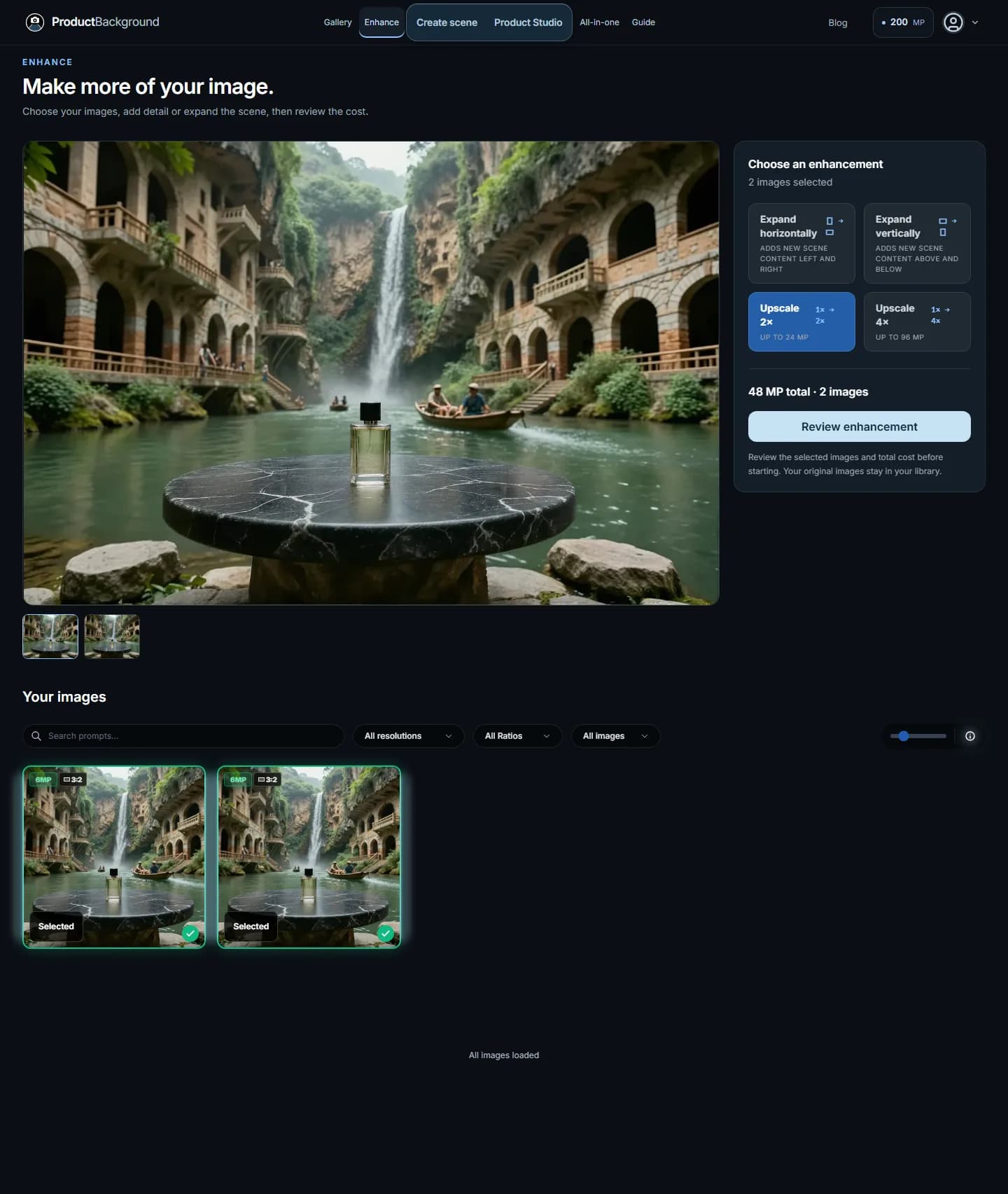 Local Enhance workspace with a large canyon perfume preview, two selected images, upscale and expansion tools, and a total-cost review button