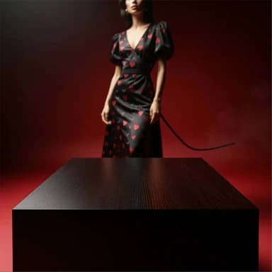 Red editorial product-photography scene with a woman behind an empty black display table