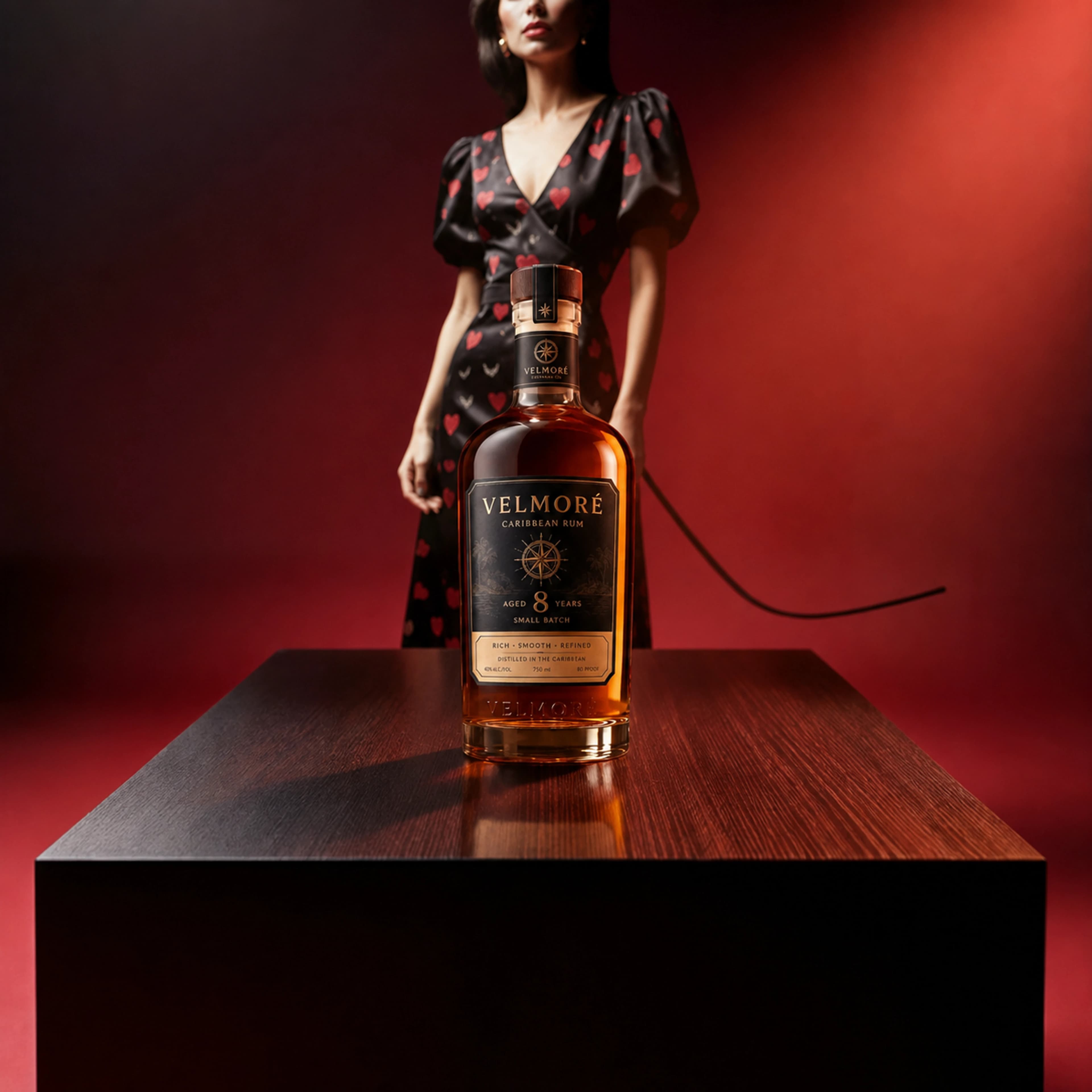 Amber VELMORE bottle placed on a black table in a red editorial scene after the 16 MP upscale step