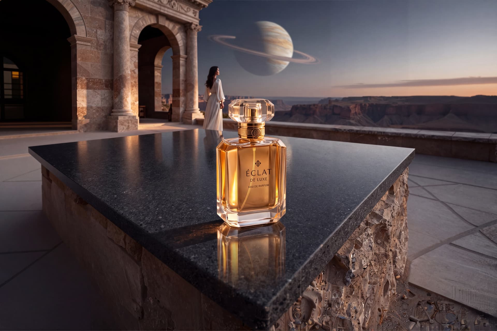 Amber perfume bottle standing on a dark stone table, with a woman in an ivory dress, stone arches, a canyon and a ringed planet behind it