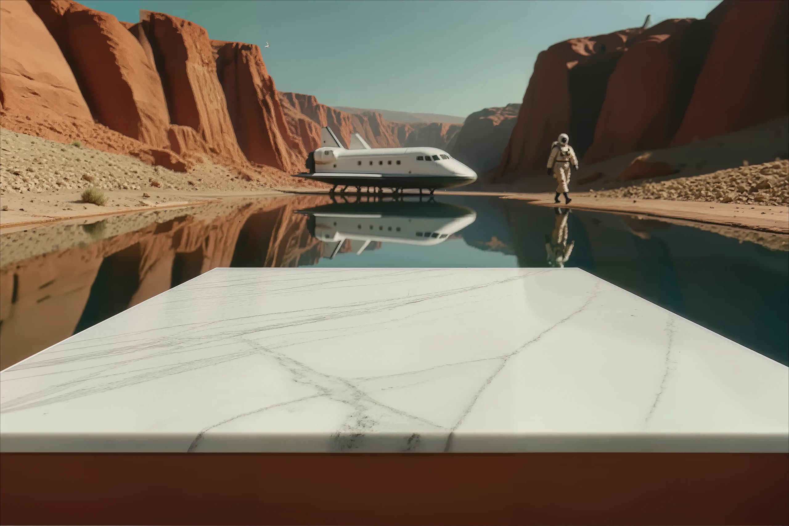 A spacecraft and astronaut beside a canyon lake behind an empty marble table, without a product