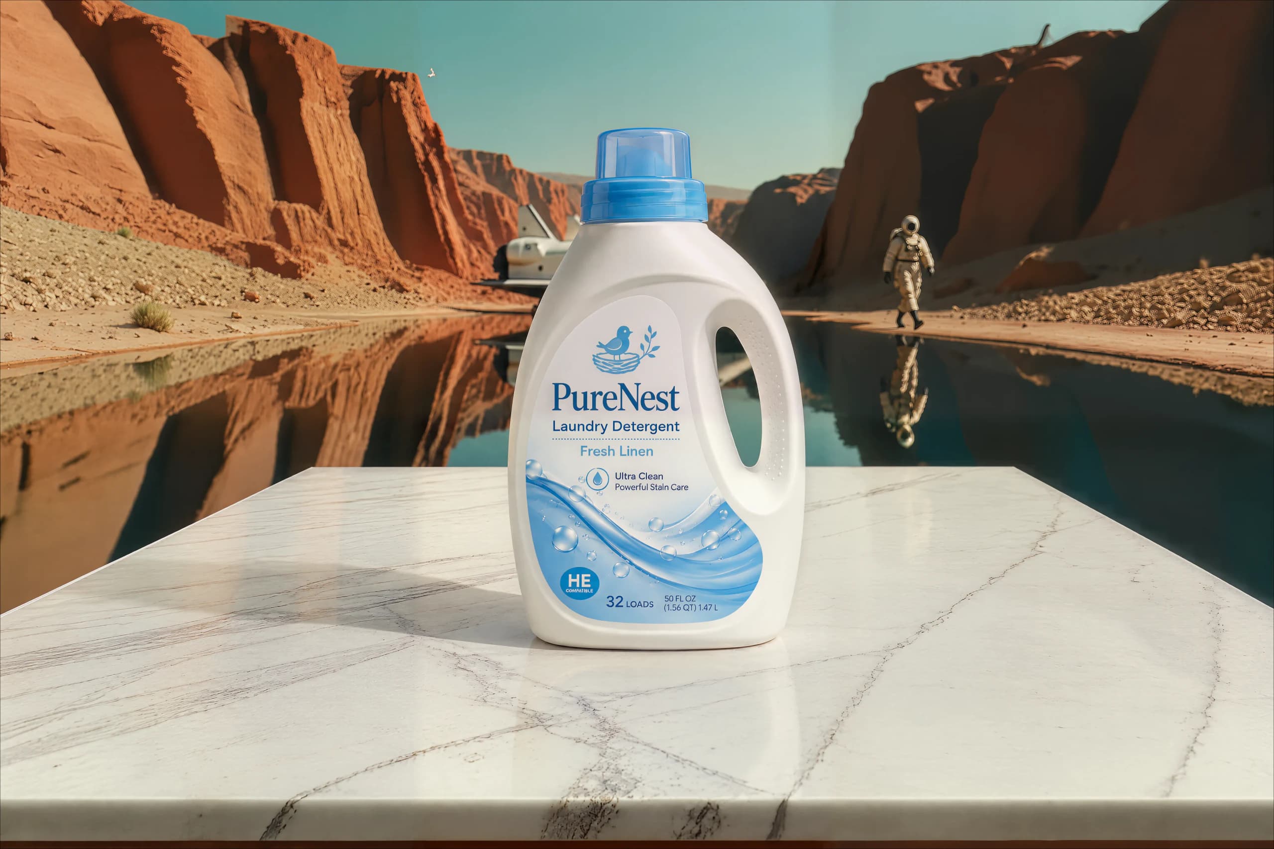 PureNest laundry detergent on a marble table beside a canyon lake, with a spacecraft and astronaut behind it