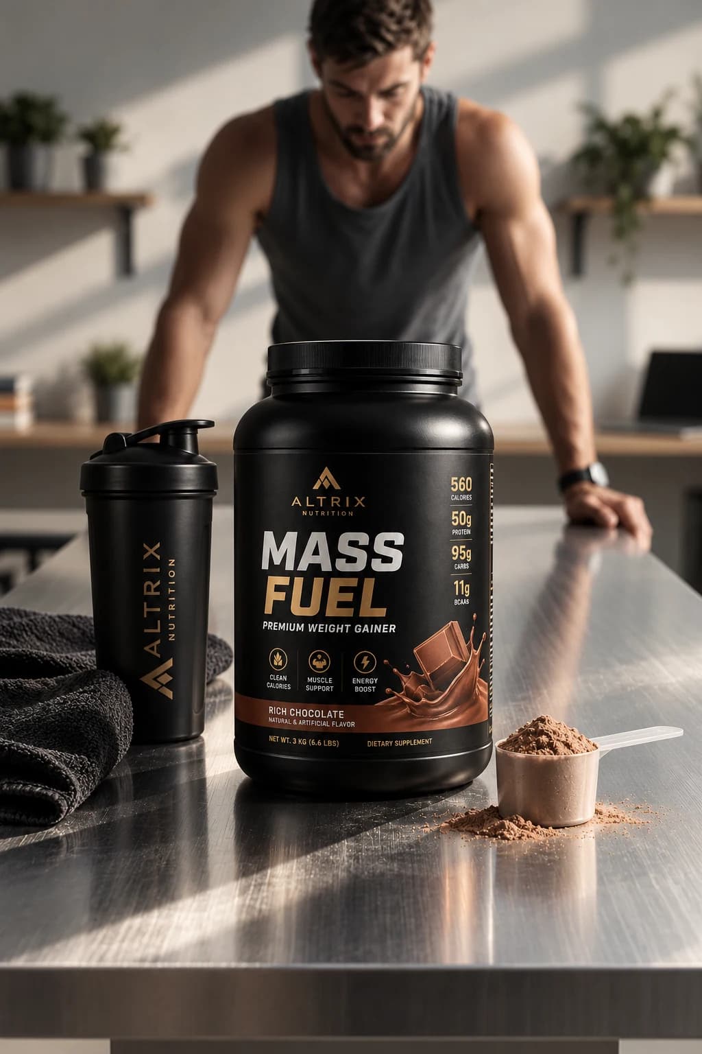 Altrix Nutrition mass-gainer tub and shaker on a gym counter, with an athlete in the background