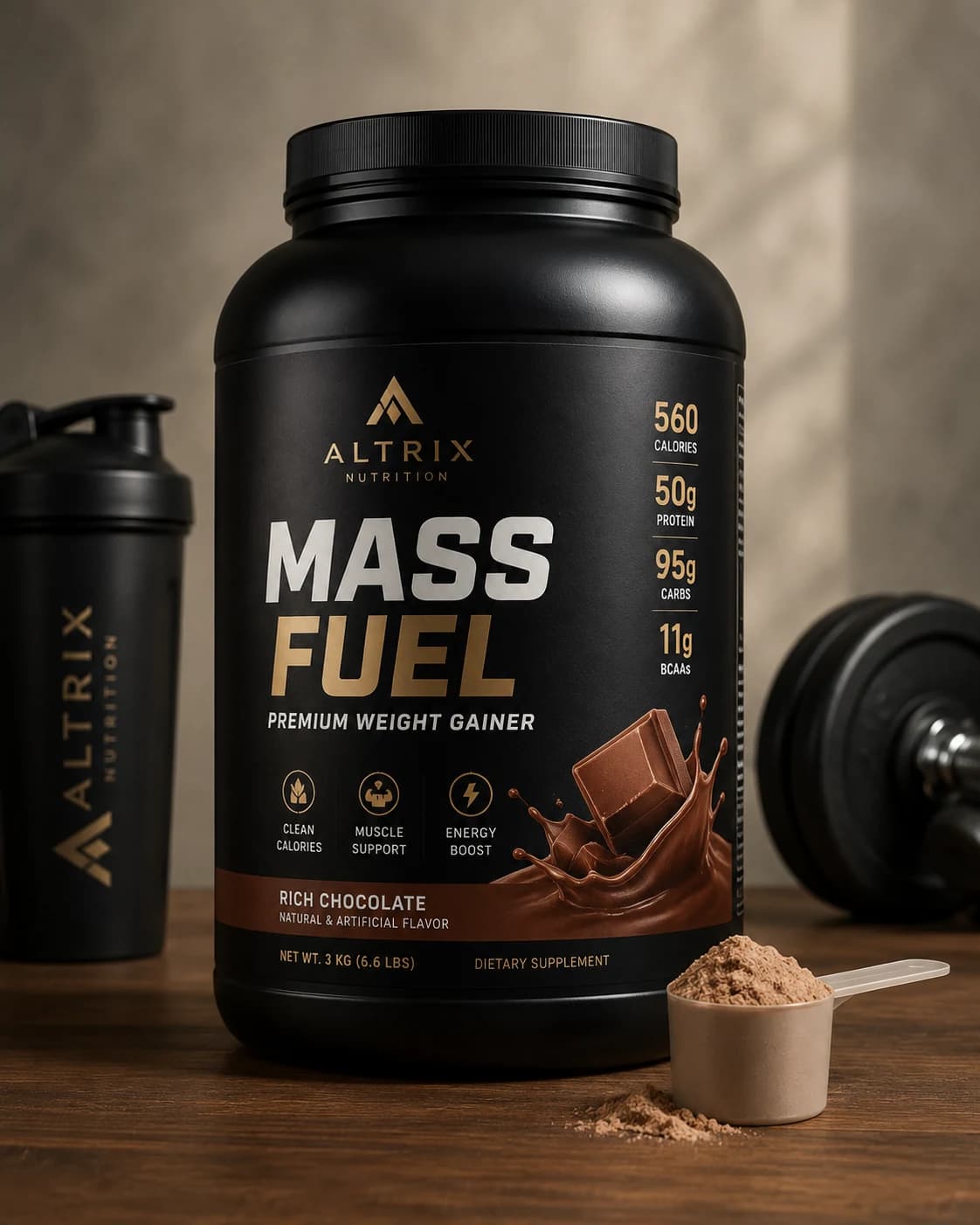 Close-up Altrix Nutrition tub with shaker and scoop in a dark training-inspired setting