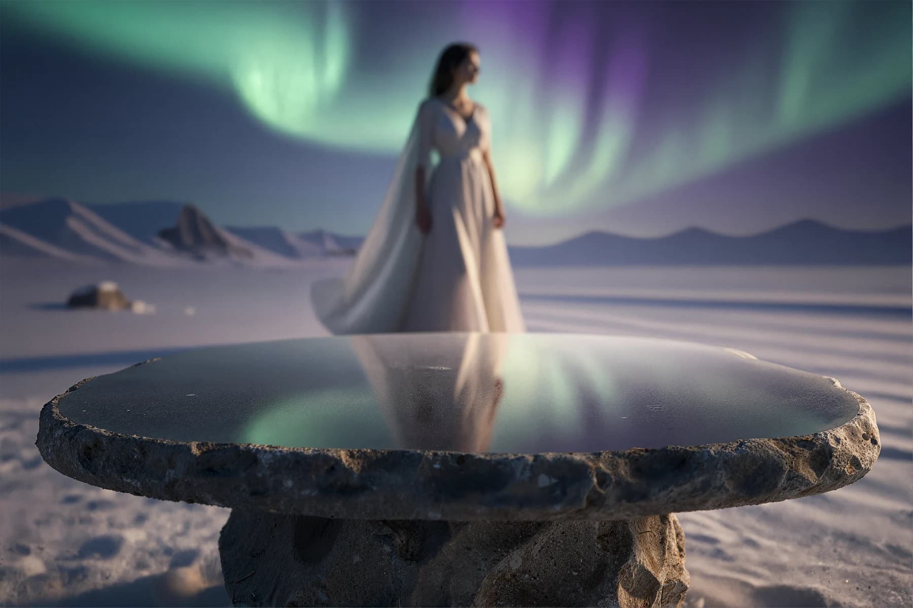 Product-free arctic table and northern-lights scene prepared as a background for Frostvale Cola