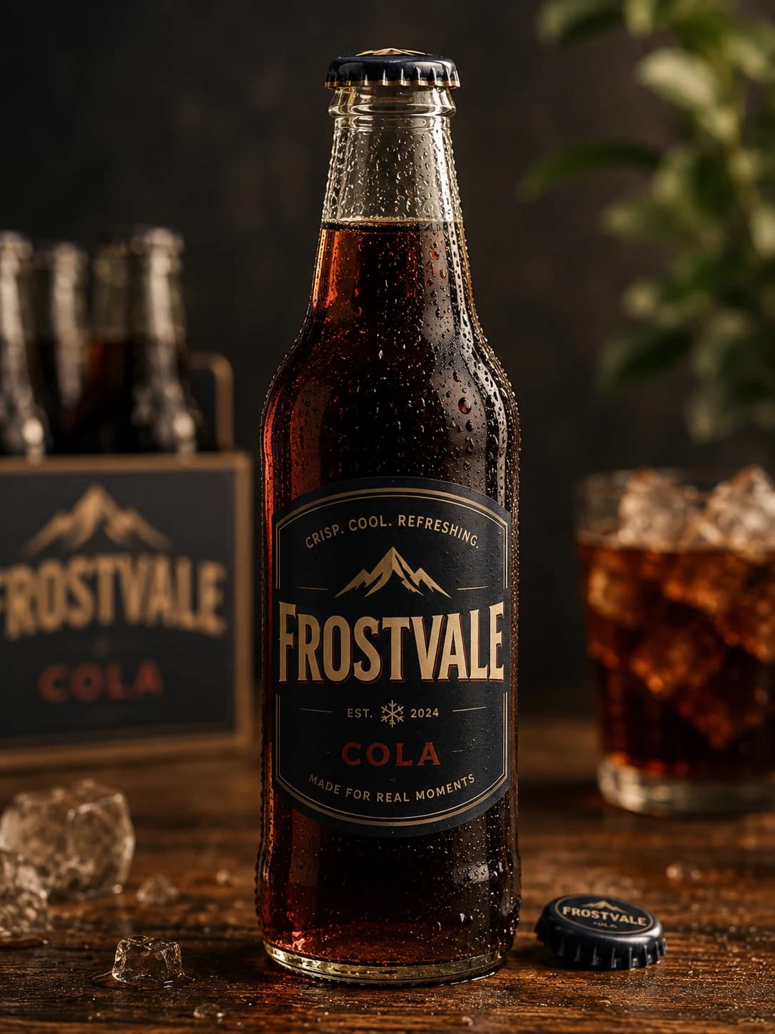 Close-up Frostvale Cola bottle with condensation, glass, and ice on a dark wooden counter