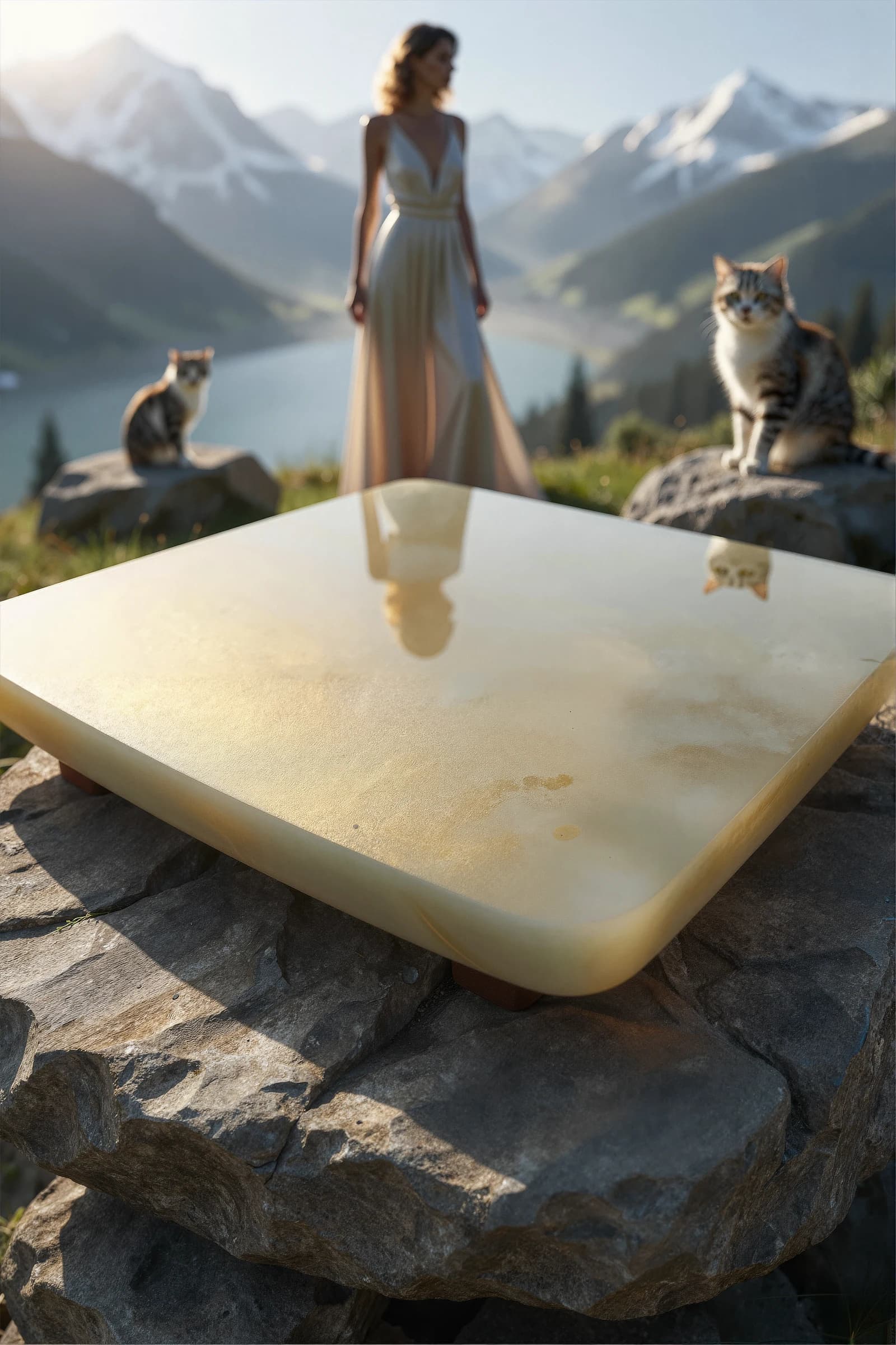 Product-free alpine table scene with cats and a person, prepared as a background for Whisker & Feast