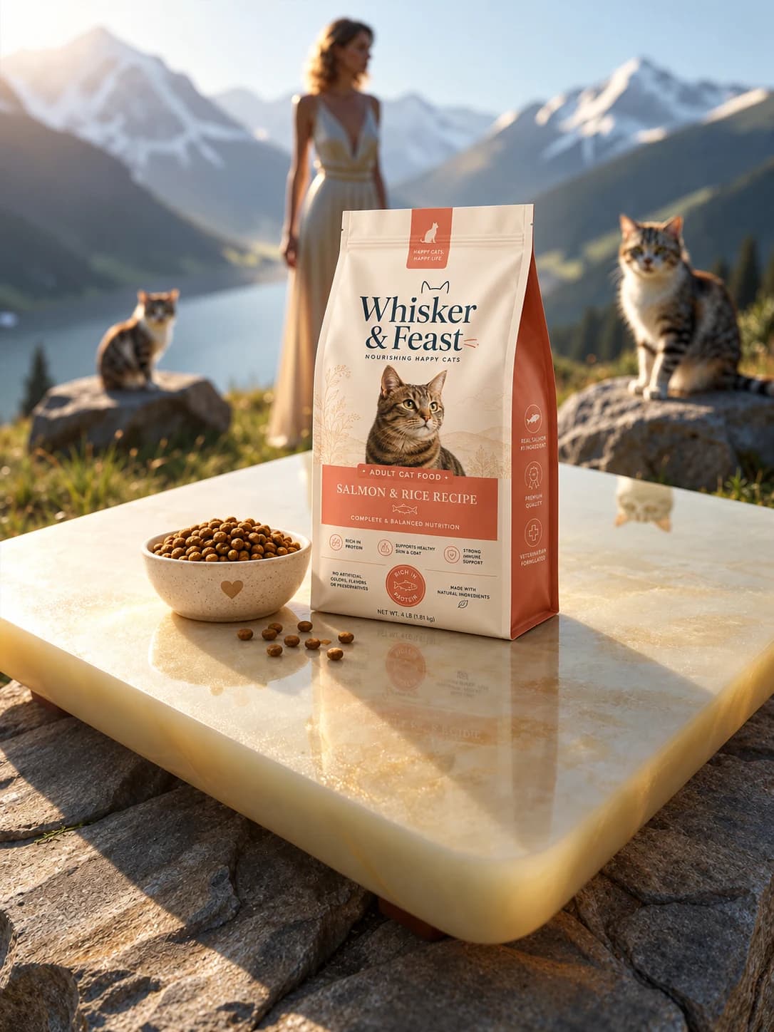 Whisker & Feast cat-food pouch on a stone table beside an alpine lake, with cats and a person in the background