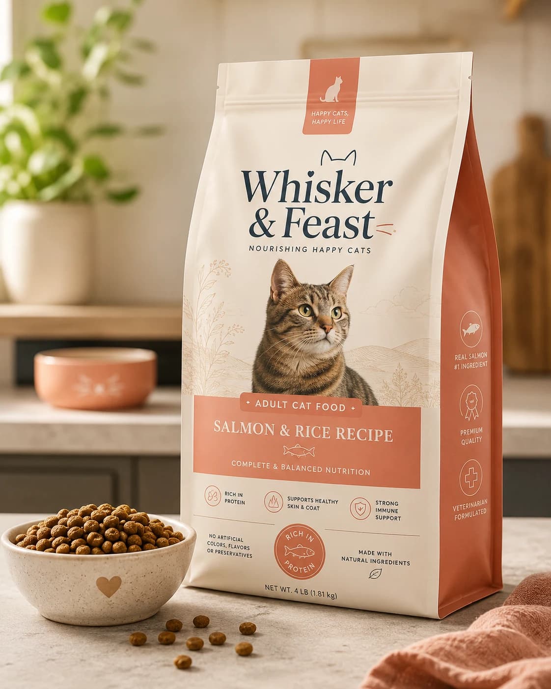 Close-up Whisker & Feast cat-food pouch and serving bowl in a warm home setting