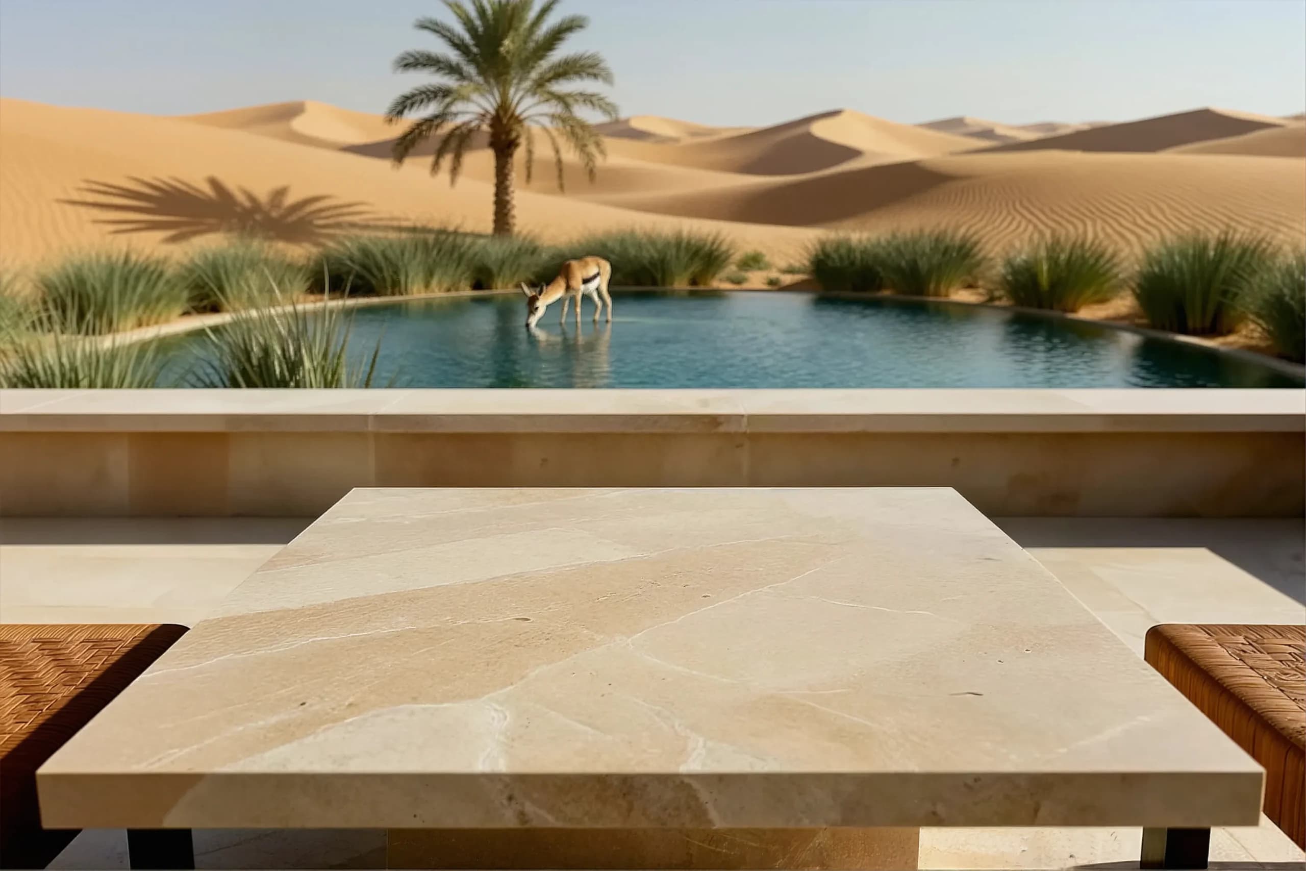 Empty beige stone table overlooking a turquoise oasis, a gazelle, a palm tree, and golden dunes