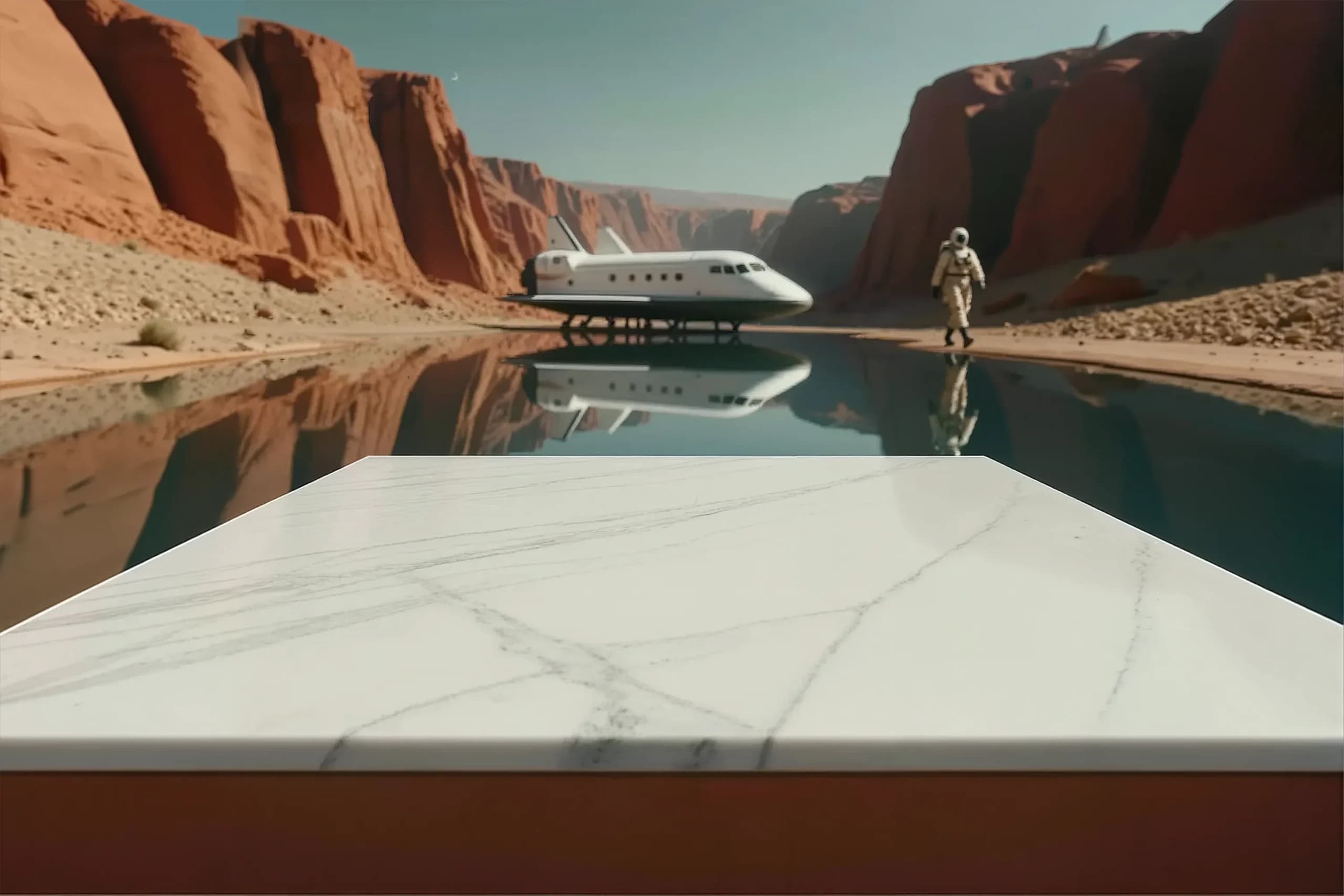 Published planetary research station backplate with a shuttle, canyon lake, and empty foreground