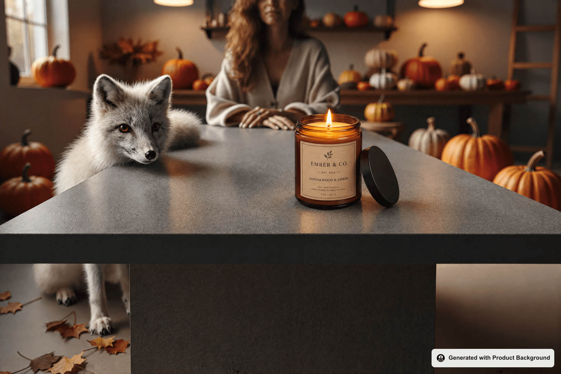 A fictional candle in a warm autumn scene with pumpkins and a white fox.