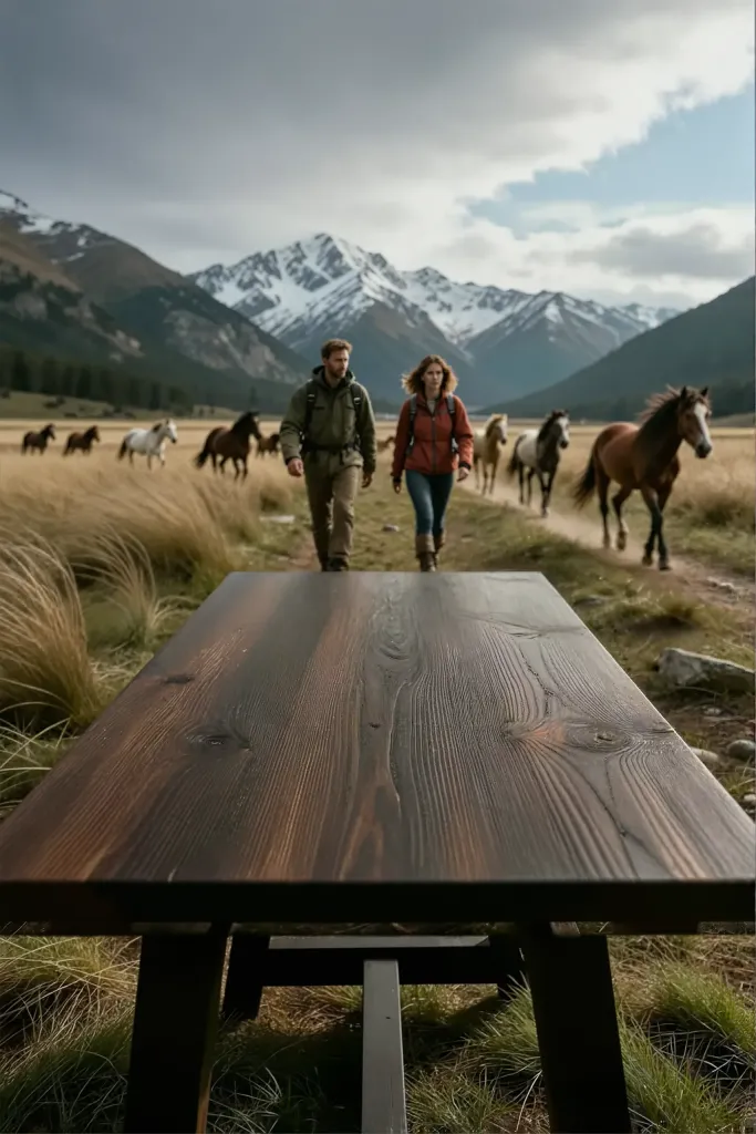 A man and a woman are walking along a dirt path in a grassy meadow, moving toward the viewer. They are flanked by a small herd of horses of various colors that are trailing them. The man is on the left wearing a green jacket and khaki pants, while the woman is on the right in an orange jacket and jeans. Both are wearing backpacks. In the immediate foreground, a dark wooden picnic table sits directly in front of the camera, its surface showing a clear wood grain texture. This table frames the lower portion of the scene. The setting is a vast open landscape with tall, dry grass. In the distance, a majestic mountain range stretches across the horizon. The mountains are rugged and feature significant snow cover on their peaks. The sky above is filled with grey and white clouds