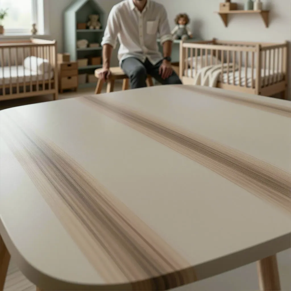 Empty light satin wood foreground in a softly lit neutral interior.