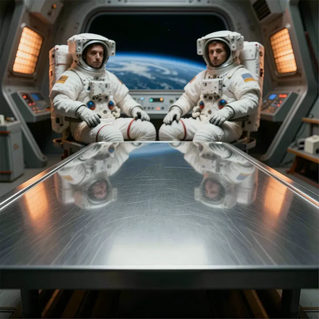 Two male astronauts in white space suits are seated side-by-side inside a spacecraft cabin, facing forward towards a large, reflective metal table that dominates the foreground. The table's scratched surface mirrors the inverted images of the astronauts' helmets and upper bodies. The astronauts are positioned in the center of the frame, seated in chairs equipped with large white life-support backpacks. Their suits include red leg bands and small patches on the arms, and their faces are visible beneath their helmets with neutral expressions. The setting is a high-tech interior with grey metallic walls and illuminated orange rectangular panels on either side. A control panel with various buttons and lights is situated between the astronauts, just below a large, curved window. Through this