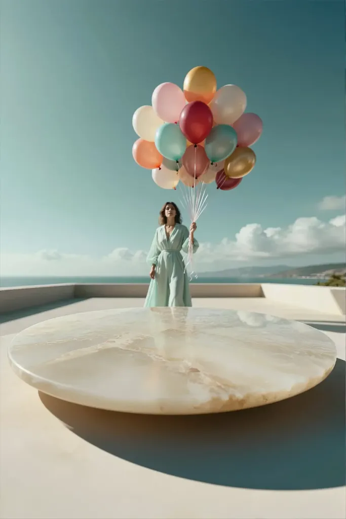 A woman in a light green dress stands on a white rooftop terrace holding a large bunch of colorful balloons. The balloons are clustered in her right hand and feature soft pastel shades of pink, red, teal, and gold. She is positioned behind a large, round, polished stone table that dominates the foreground of the image. The table has a smooth surface with subtle beige and cream veining and casts a shadow on the white floor. The woman is looking slightly upward with a neutral expression. Behind her, the background features a calm blue sea meeting a distant, hazy coastline with low hills under a bright sky with scattered white clouds. The scene is brightly lit, suggesting a sunny day. The overall composition uses a low angle, placing the viewer's perspective at the level of the table, looking