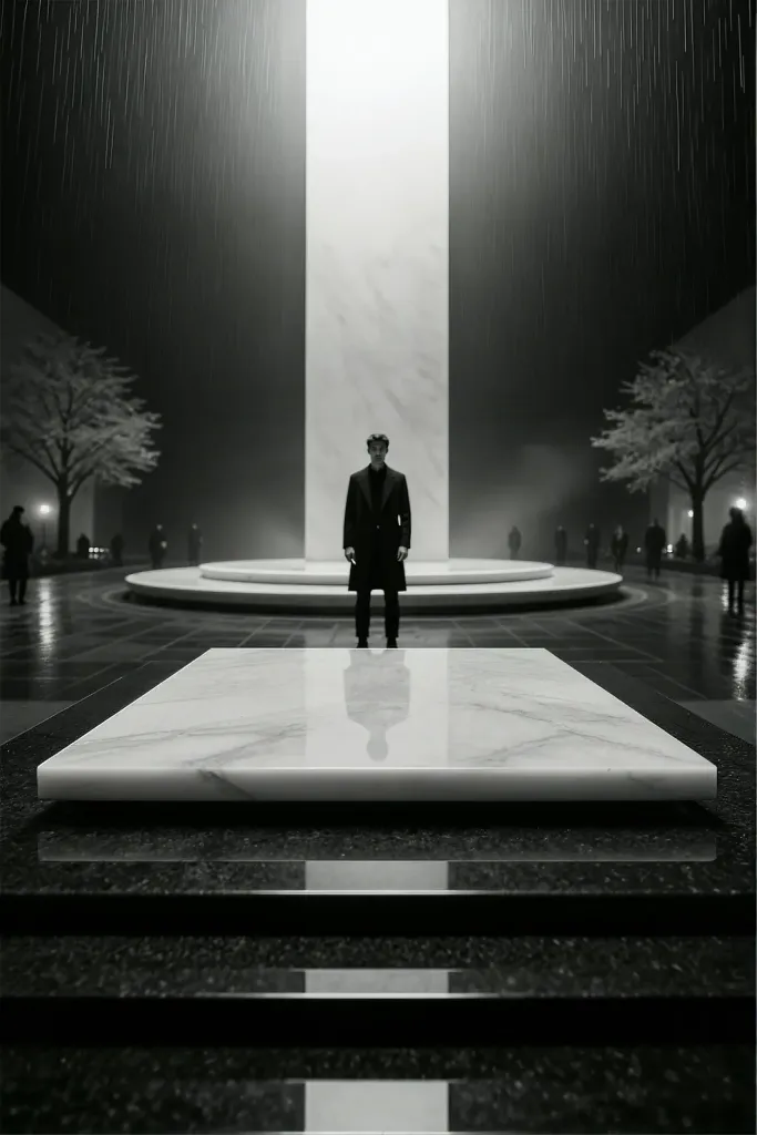 A man stands alone in the center of a grand, rain-swept plaza, dressed in a dark overcoat and trousers. He faces forward with a neutral expression, his reflection visible on the polished white marble slab directly beneath his feet. Behind him rises a towering, rectangular white pillar or monolith, which anchors the scene. This pillar sits atop a circular white base, surrounded by a wet, dark tiled walkway. Flanking the central structure on both sides are two trees with light-colored leaves, standing out against the dark, moody background. Several indistinct figures are scattered in the distance, appearing as dark silhouettes near the edges of the plaza, observing the scene from afar. Vertical streaks of light or rain fall across