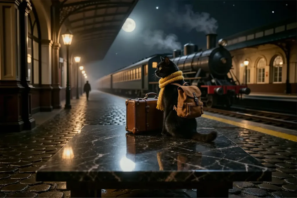 A black cat wearing a yellow scarf and a brown backpack sits next to a matching vintage suitcase on a shiny dark marble bench at a train station platform. The scene is set at night under a full moon and starry sky. Behind the cat, a large steam train is parked on the tracks, emitting plumes of white smoke. The platform is paved with cobblestones and lined with arched windows and illuminated streetlamps that cast a warm glow, contrasting with the cool moonlight. In the background, a lone figure walks away down the platform, adding a sense of depth and solitude to the scene. The lighting creates a moody, atmospheric effect, highlighting the textures of the cat's fur, the leather accessories, and the reflective surface of the bench. The composition suggests a narrative of travel or departure,