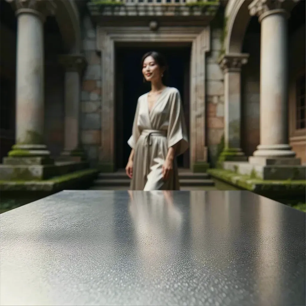Empty reflective silver foreground in front of an architectural stone entrance.