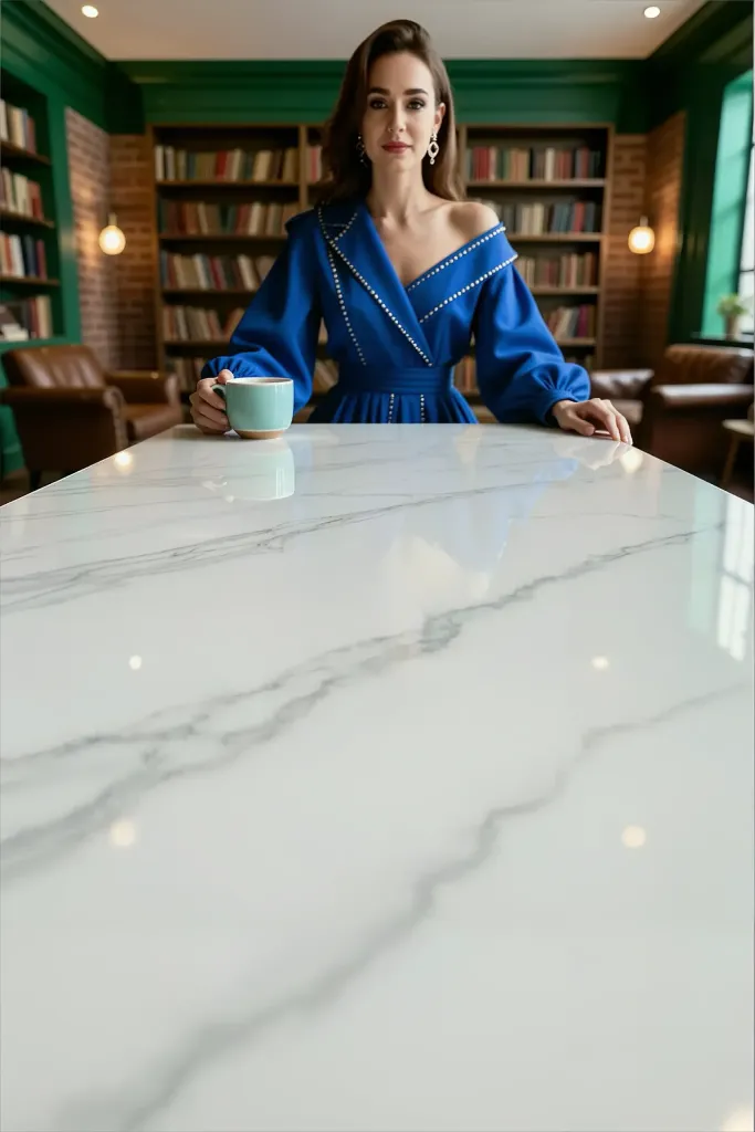 Empty polished white marble foreground extended vertically in a bright library.
