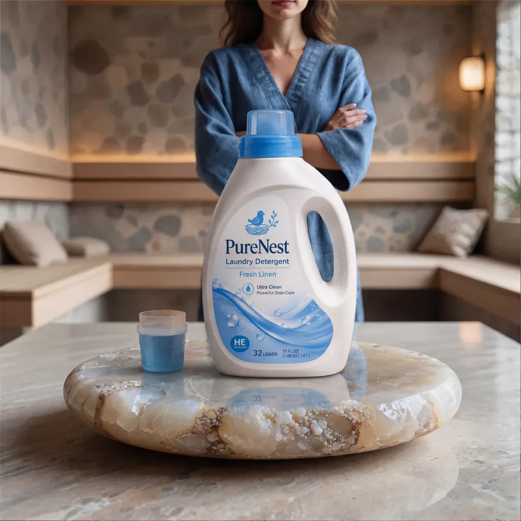A woman stands behind a table in what appears to be a spa or relaxation area. In the foreground, resting on a polished, round stone plinth, is a large bottle of "PureNest" brand laundry detergent and a small blue measuring cup. The detergent bottle is white with a blue cap and features a label with a bird logo, indicating it is "Fresh Linen" scent and suitable for "HE" washers, containing 32 loads. The liquid in the small cup matches the blue color scheme of the bottle's design elements. The woman, positioned directly behind the products, wears a blue, long-sleeved robe and stands with her arms crossed. Her face is partially visible at the top of the frame.