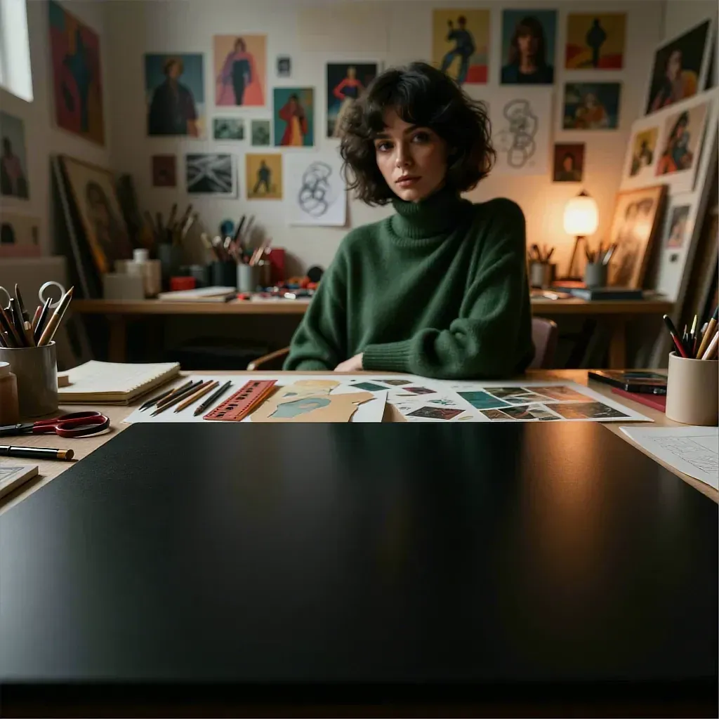 A woman with short, dark, wavy hair and bangs sits at a desk in an art studio, looking directly at the viewer. She is wearing a dark green turtleneck sweater. Her arms are resting on the desk in front of her. The desk surface is cluttered with art supplies, including two containers filled with brushes and pencils, a spiral notebook, colored pencils, red-handled scissors, and sheets of paper displaying color swatches or design sketches. Behind her, the wall is covered with a collection of framed artworks and prints of various sizes. A warm lamp on the desk provides soft lighting. The foreground features a large, dark,