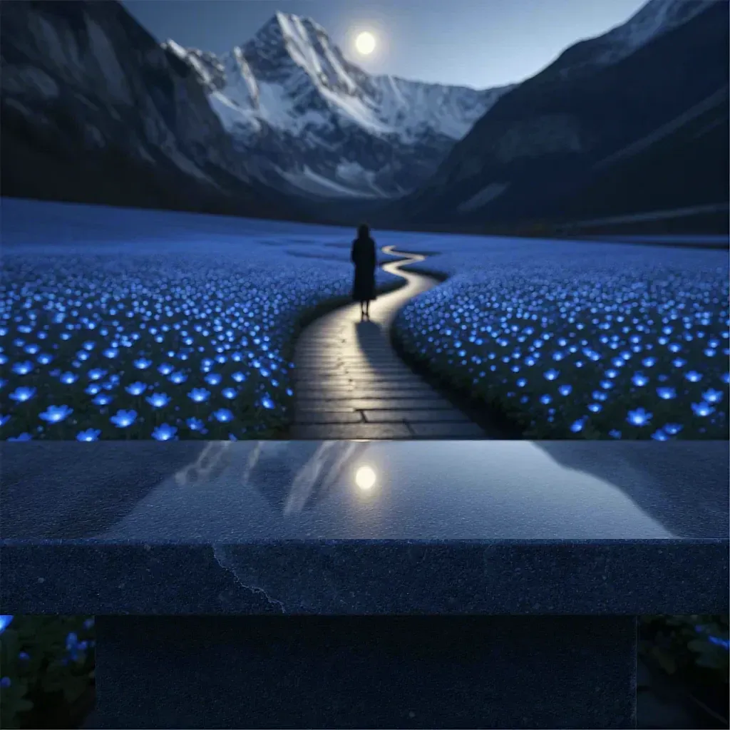 This digital artwork depicts a solitary figure standing on a winding wooden boardwalk that cuts through a vast field of glowing blue flowers. The scene is set against a backdrop of towering, snow-capped mountains under a dark, starlit sky with a bright full moon. The moonlight illuminates the path and reflects off the snow, creating a serene and mystical atmosphere. The figure, seen from behind, is wearing a dark coat and appears to be gazing toward the distant mountain peaks. They are positioned centrally in the composition, providing a sense of scale against the expansive landscape. The glowing blue flowers create a striking contrast with the dark surroundings, adding an otherworldly quality to the scene. Below the main landscape, there is a separate, close-up view of a dark, polished