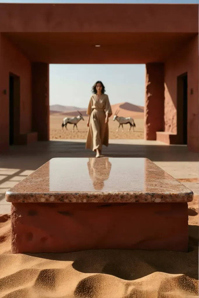 A woman in a beige dress walks barefoot toward the camera through a wide, rectangular opening in a reddish-orange building. She is positioned in the middle ground, framed by columns, with two white oryx antelopes standing on either side of her. The foreground features a low, rectangular granite table with a polished, reflective surface that mirrors the woman and the sky. The table rests on a rough, reddish block partially buried in sand. Beyond the woman, a vast desert landscape stretches out under a clear blue sky, featuring rolling sand dunes. The scene is brightly lit by sunlight, casting distinct shadows and emphasizing the warm, earthy tones of the environment. The composition uses the foreground table and architectural frame to create depth, guiding the viewer's eye from the textured