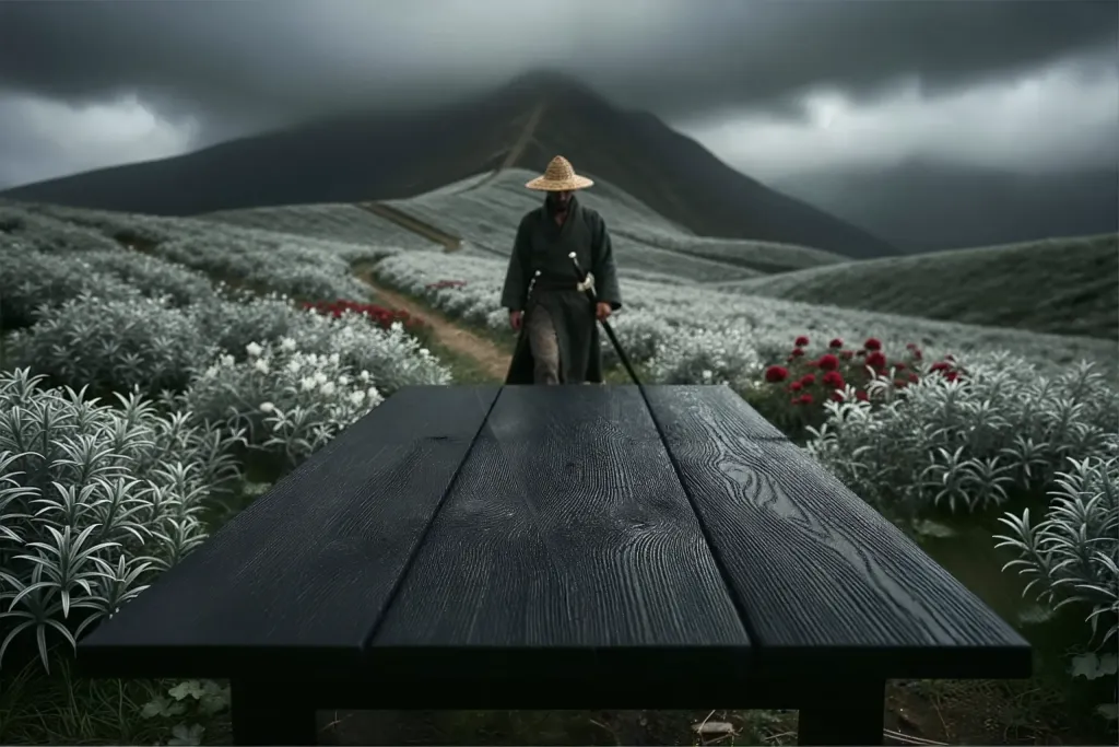 A solitary figure wearing a traditional conical straw hat and a long, dark green robe walks along a dirt path through a field of white and red flowers. The person is carrying two long, black objects that resemble swords at their sides. In the immediate foreground, a large, dark wooden picnic table extends across the view, framing the scene. Behind the figure, rolling hills covered in white vegetation stretch toward a massive, dark mountain peak. The sky is filled with heavy, grey storm clouds, creating a moody and dramatic atmosphere. The lighting is low and diffused, casting soft shadows and enhancing the somber tone of the landscape. The path the figure is walking on curves gently through the flower fields, leading the eye toward the distant mountain.