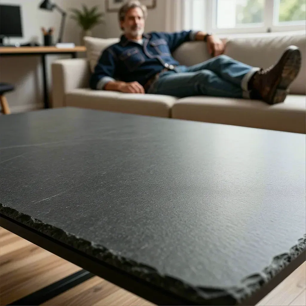 Empty rough graphite slate foreground in a bright home-office scene.
