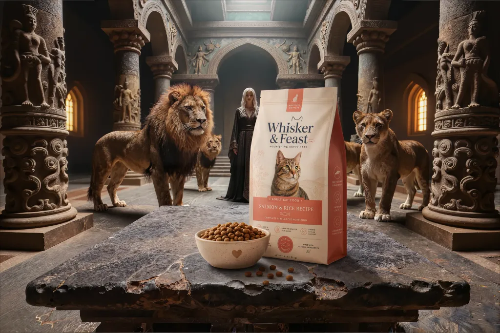A large Whisker & Feast Salmon & Rice cat food bag and a bowl of kibble on a stone table, surrounded by lions in an ancient hall.