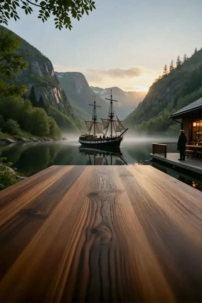 A low-angle view captures a polished wooden table surface in the foreground, leading the eye toward a serene body of water where a large, dark-hulled sailing ship with multiple masts floats centrally. The ship is positioned between steep, tree-covered mountains that frame the scene, with snow-capped peaks visible in the far distance. The sky suggests either sunrise or sunset, casting a warm glow over the landscape. To the right of the ship, a wooden dock extends into the water, featuring a cabin structure with illuminated windows. A solitary figure stands on the dock, facing away from the camera, overlooking the water. The water is calm enough to create a clear reflection of the ship and surrounding mountains. Overhanging tree branches frame the upper left corner of the scene. The overall