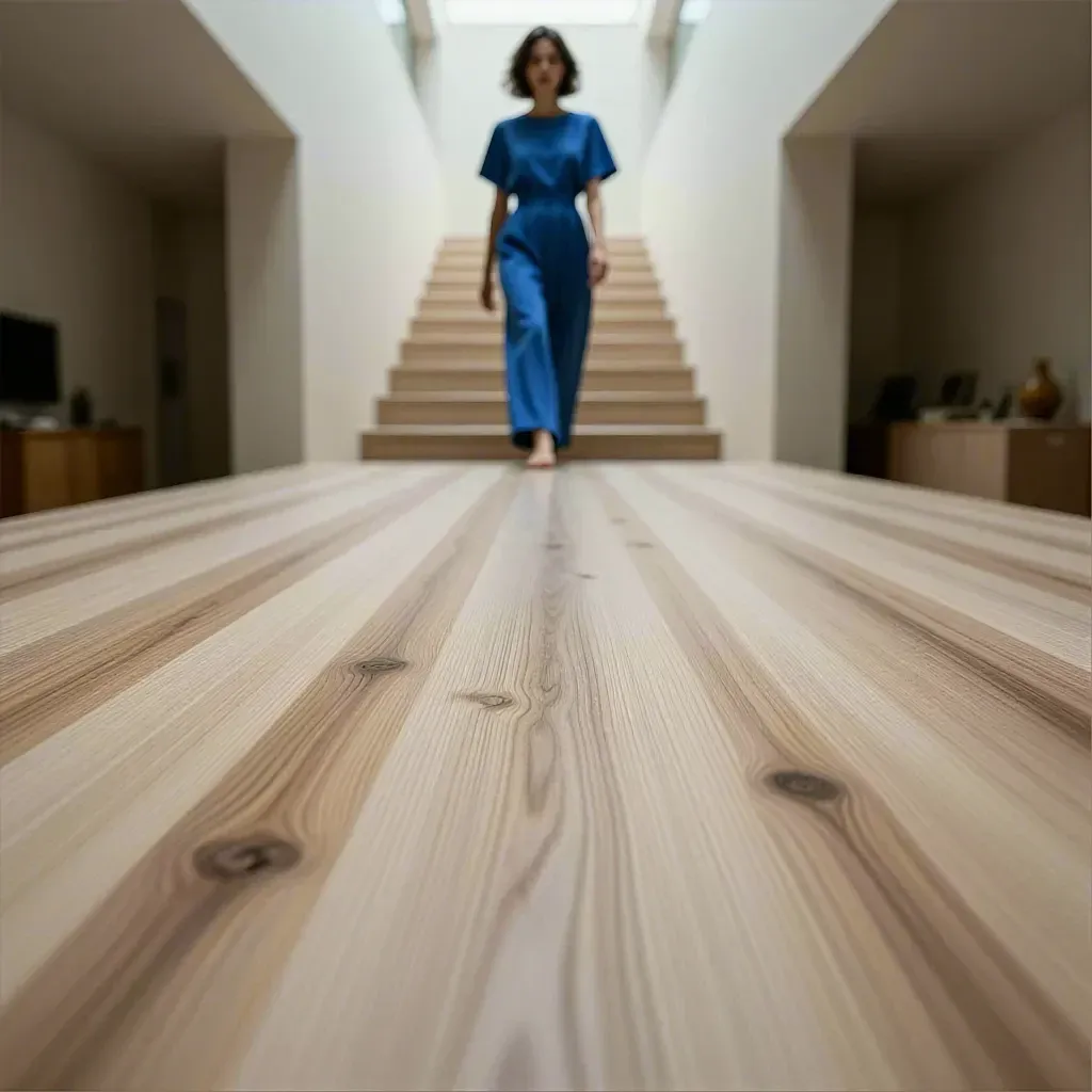 Empty satin wood foreground leading toward a warm architectural interior.