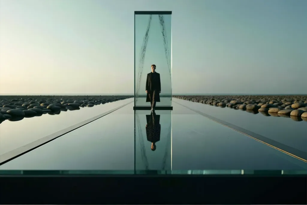 A man dressed in a dark coat stands inside a tall, vertical glass enclosure that acts as a walkway. He is positioned in the center of the frame, facing forward with his hands at his sides. The glass structure is transparent and reflects the surrounding environment faintly. Beneath his feet is a highly polished, mirror-like surface that creates a clear, inverted reflection of the man and the glass prism. This reflective path extends straight back towards the viewer, flanked on both sides by long, parallel rows of smooth, rounded river stones. These stone borders create a strong sense of perspective, leading the eye toward a distant, flat horizon line. The background features a vast, open sky with a soft gradient of pale blue and warm light, suggesting either sunrise or sunset. The overall l