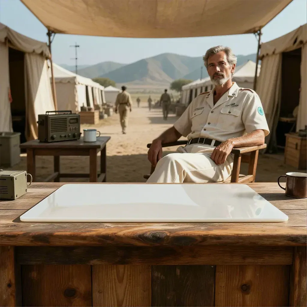 An older man with gray hair and a beard, dressed in a light beige uniform with shoulder epaulets and a teal patch on his sleeve, sits in a wooden chair under a large canvas tarp in a dusty, open-air encampment. He faces forward with a calm expression, his hands resting on the chair arms. In the foreground, a large, smooth white rectangular tray sits on a sturdy wooden table. To the man’s left, a smaller wooden table holds a vintage portable radio and a white enamel mug. Rows of cream-colored canvas tents line a dirt path in the background, with several uniformed figures walking away into the distance. The setting appears to be a remote field hospital or military outpost, with low mountains visible against a clear blue sky. The scene is bathed in bright sunlight, emphasizing the earthy tone
