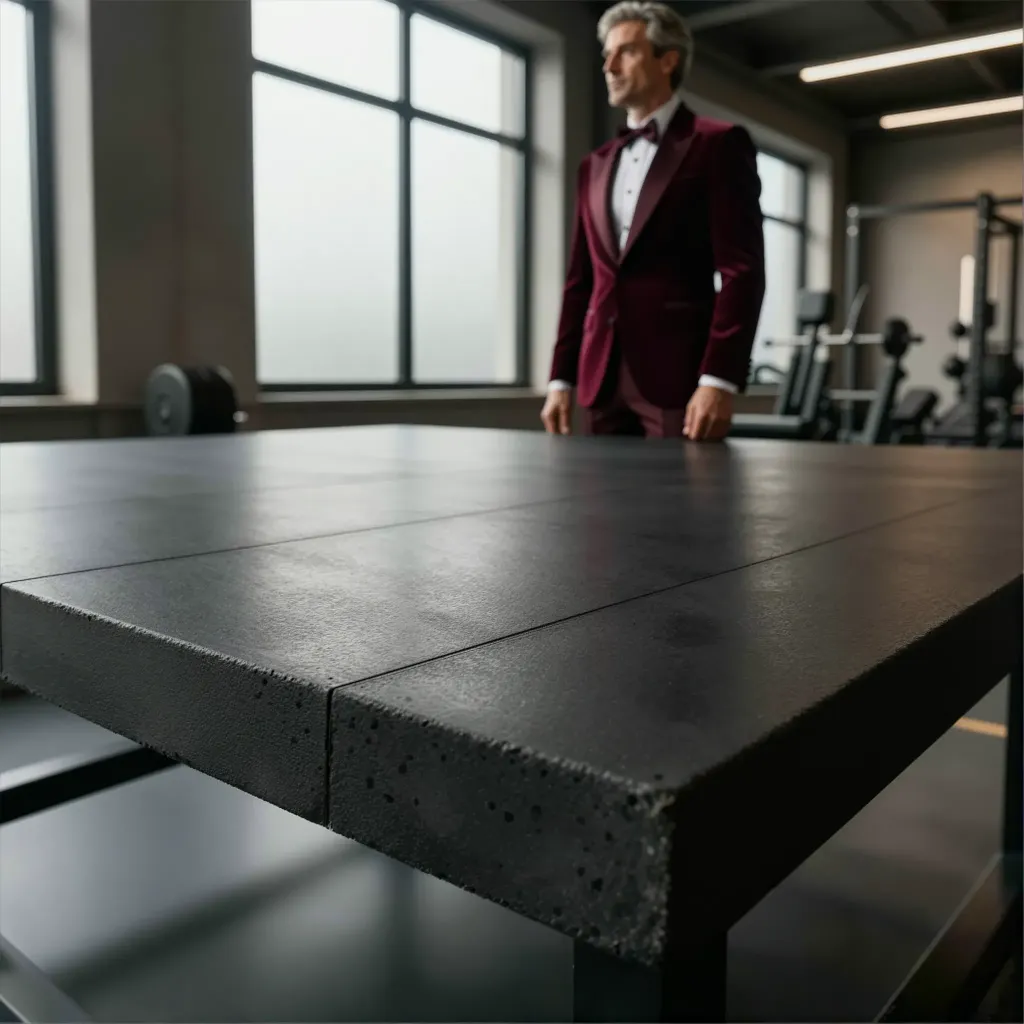 Empty charcoal concrete foreground with a dark industrial gym behind it.