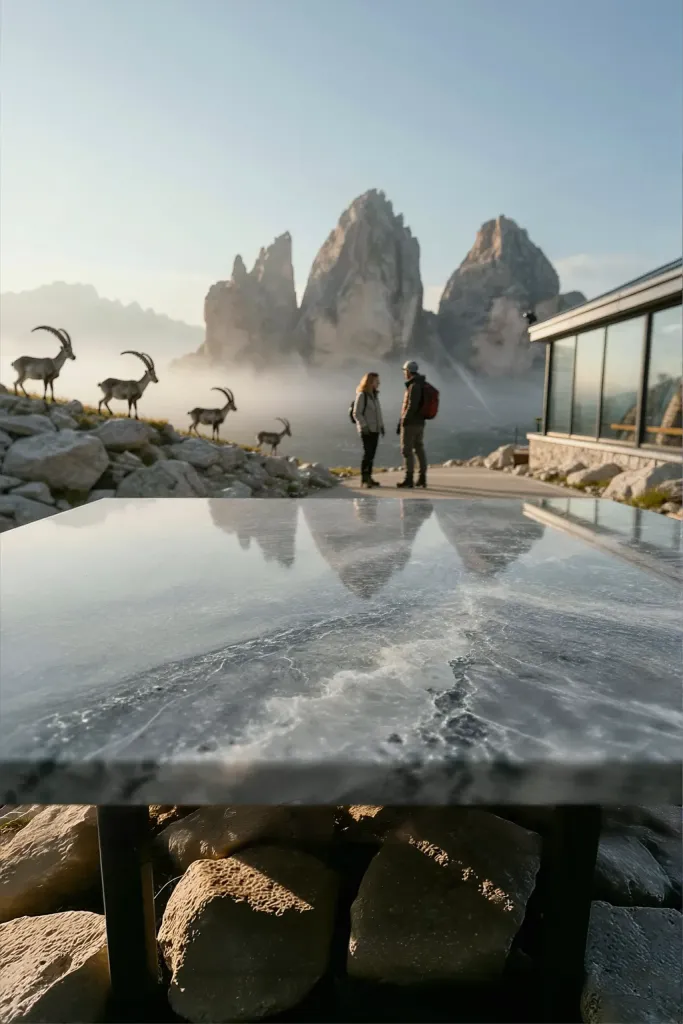 A low-angle view shows a polished, reflective stone surface in the immediate foreground, mirroring the landscape beyond. In the middle distance, a man and a woman stand on a paved area near a modern building with large windows. The man, wearing a red backpack, and the woman are facing one another. To their left, a rocky outcrop hosts a small herd of four ibex with distinctive curved horns. Behind them, towering, rugged mountain peaks emerge from a thick layer of mist that blankets the lower slopes. The sky above is clear and pale. The scene captures a moment of observation in a high-altitude, alpine environment, emphasizing the interaction between the visitors, the wildlife, and the dramatic natural backdrop.